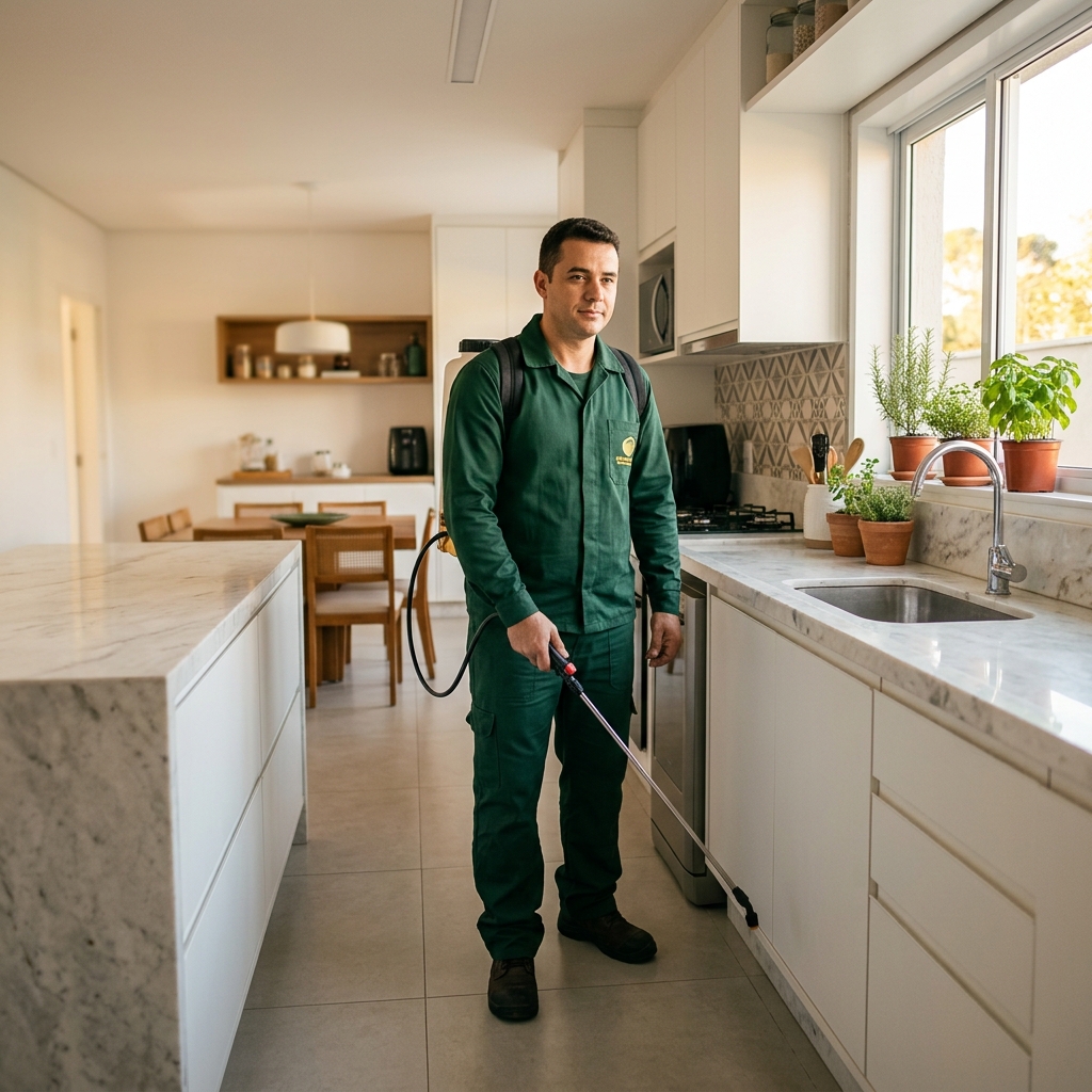 Técnico Best Control realizando dedetização em cozinha residencial